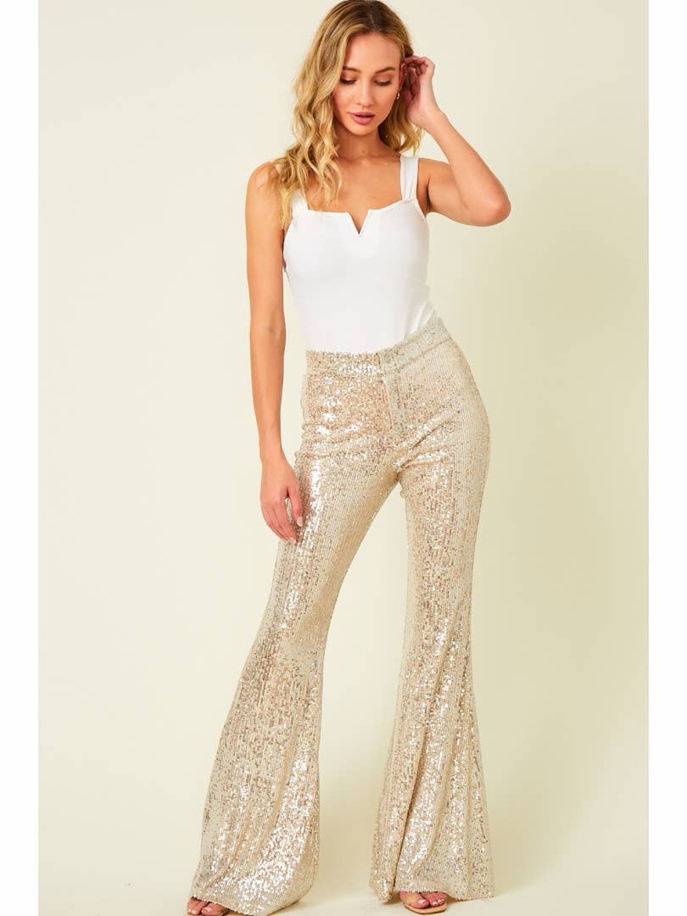 Saints & Hearts Sequin Flare Pants in Champagne